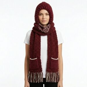 NEW Hand-Knitted Chunky Hooded Scarf Shawl Wrap Pockets & Fringes Burgundy OS